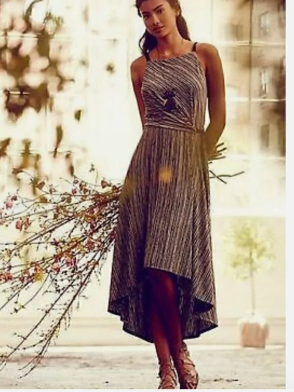 Maeve Anthropologie maxi dress stretchy jersey knit black and tan stripe L